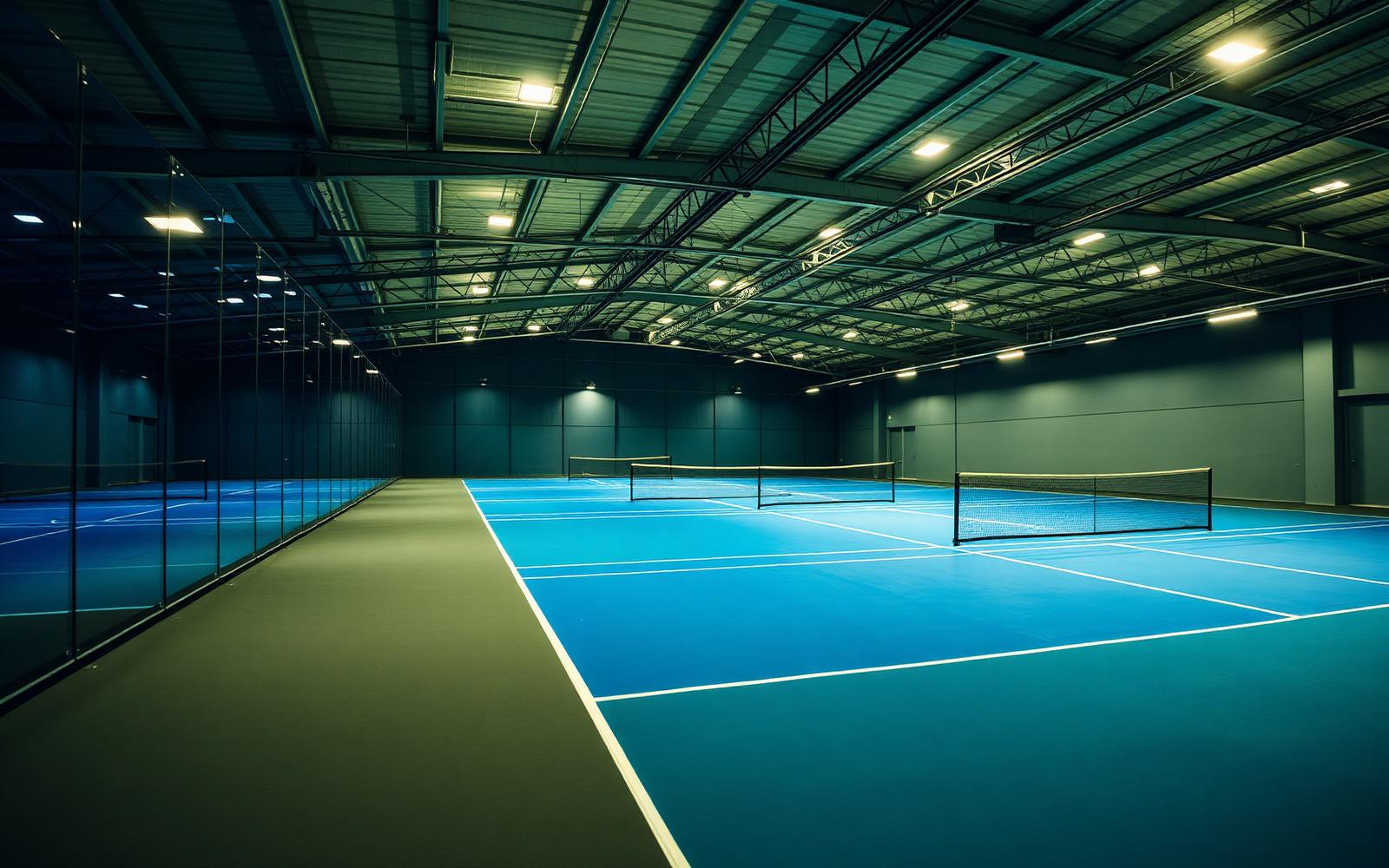 Row of glass-walled indoor padel courts at Top Padel